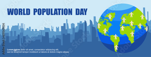 World population day banner design with city silhouette and world map