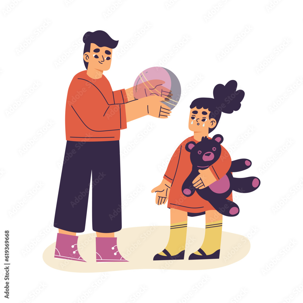 Little Boy Share Ball with Crying Girl Supporting and Comforting Sad Friend Vector Illustration Little Boy Share Ball with Crying Girl Supporting and Comforting Sad Friend Vector Illustration