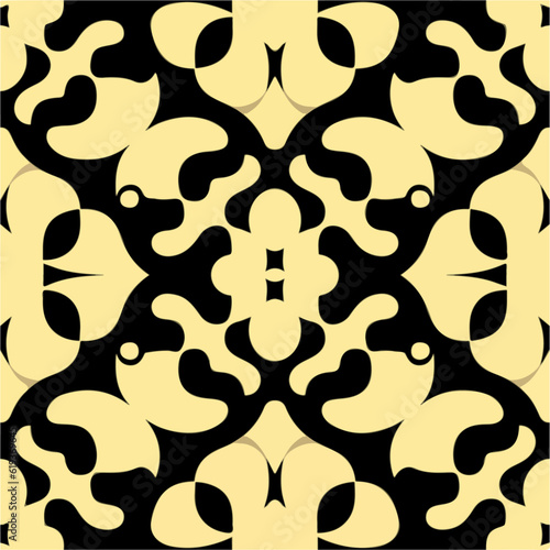 Stunning background in black and yellow, showcasing an intricate design influenced by damask patterns. The seamless symmetry adds elegance to this art nouveau inspired creation.