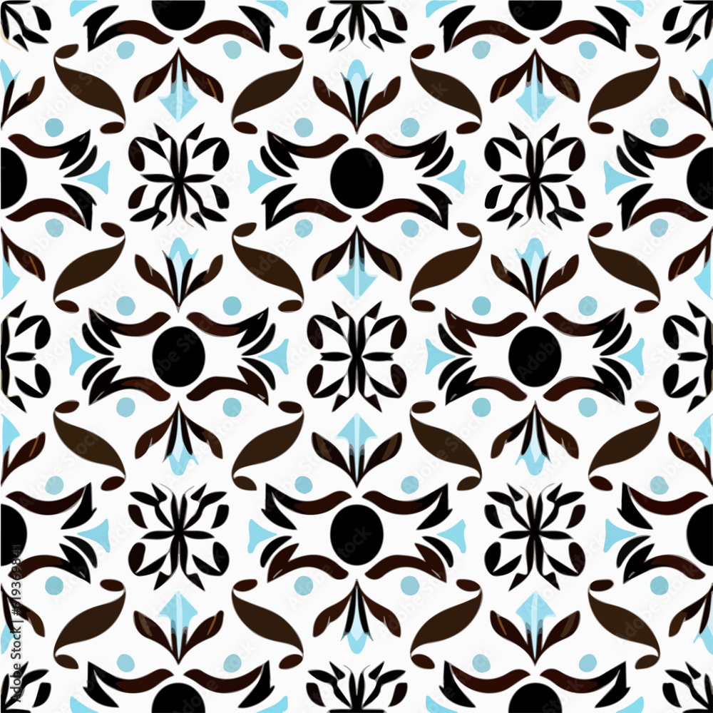 Elegant black and white flower pattern set against a calming blue background, forming a repeating fabric pattern with a touch of sophistication, reminiscent of damask designs. Elegant black and white flower pattern set against a calming blue background, forming a repeating fabric pattern with a touch of sophistication, reminiscent of damask designs.