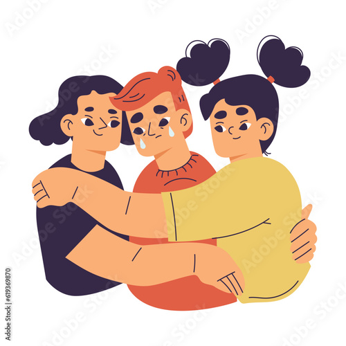 Little Girl Embrace Boy Supporting and Comforting Sad Friend Vector Illustration