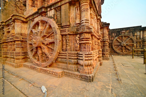 Stone wheels carved in red sandstone at Sun temple, Konark, India. photo