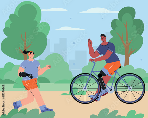 World disabled day. International Day of Persons with Disabilities. A woman with a prosthetic is running, a man with a prosthetic is cycling in the park. Flat character Vector illustration. Vector