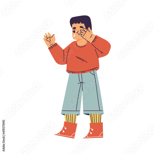 Little Boy Standing and Crying Out Loud Feeling Sad Vector Illustration