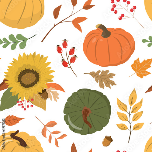 Autumn rural harvest festival vector seamless pattern with colorful pumpkins, forest leaves, and berries. Isolated on white background. Design for wallpapers, digital paper.