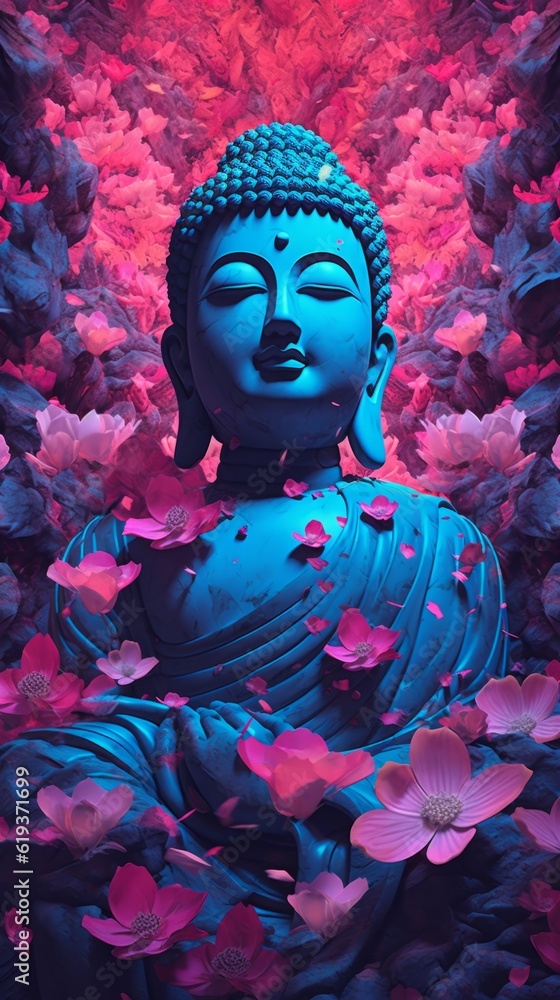 Photo of a blue Buddha statue surrounded by pink flowers.generative ai