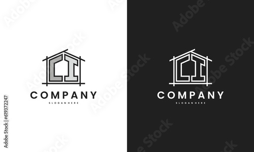 Initial CI home logo with creative house element in line art style vector design template