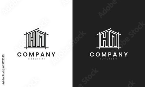 Initial HM home logo with creative house element in line art style vector design template