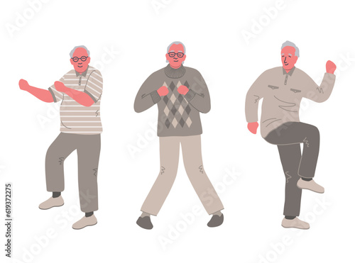 Dancing senior people. Cheerful active men. Old men have fun and dance. Positive elderly people. Vector illustration
