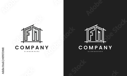Initial FM home logo with creative house element in line art style vector design template