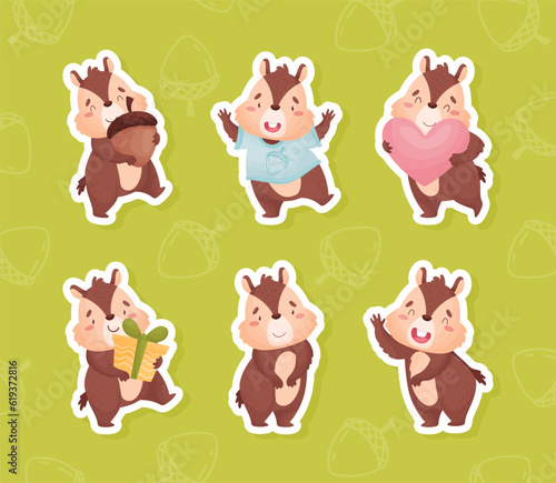 Cute Brown Chipmunk Character in Different Pose Vector Sticker Set