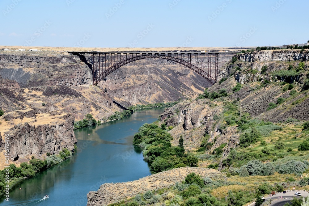 Aerial shot of the Perrine Bridge spanning Snake River Canyon on the northern edge of Twin Falls.
