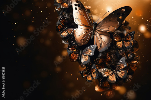 Obraz na płótnie Close up butterflies glowing at night on an abstract gradient blurry background