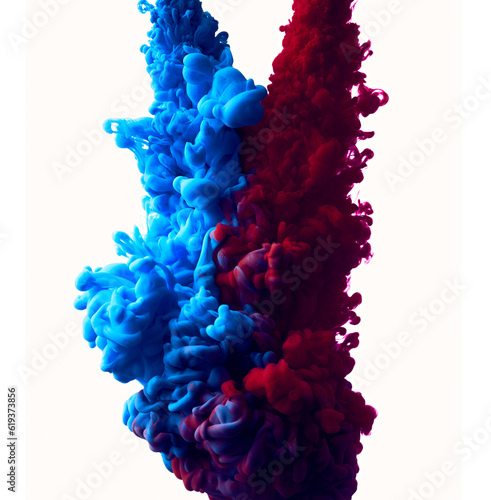 Splash of blue and red paint in water over white background