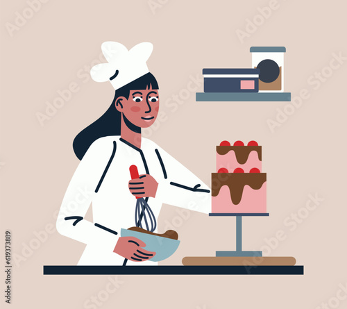 Cartoon character holding bowl and preparing cream for cake. Process of mixing ingredients. Concept of food industry. Professional confectioner occupation. Vector flat illustration