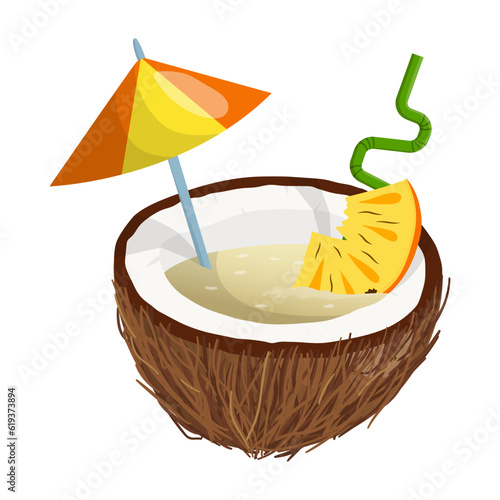 Pina colada cocktail in coconut. vector illustration on a white background