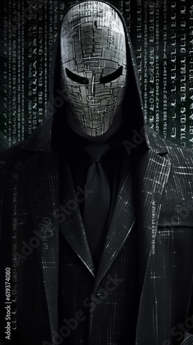 Photo of a mysterious man wearing a mask standing in front of a wall covered in numbers.generative ai