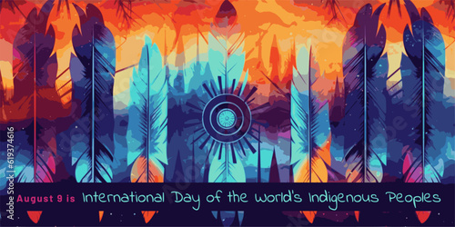 August 9 Indigenous Peoples. Vector banner, poster, card. Background with feathers with text 