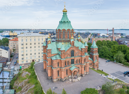 Uspenski Cathedral in Helsinki, Finland. Drone Point of View. It is an Eastern Orthodox cathedral in Helsinki, Finland, and main cathedral of the Orthodox Church of Finland.