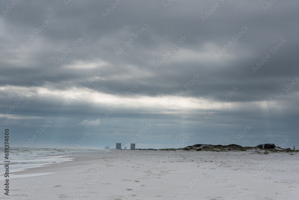 Empty Pensacola Beach in Florida. Cloudy and Windy Day.