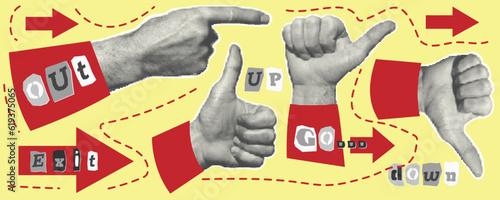 Set of hands, pointer with finger, fists. Halftone style. Collection collage design elements Trendy dotted pop art Vintage grunge punk cutout shapes Riot Retro text cut out letter Vector illustration