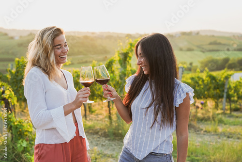 Photography Young female friends tasting wine with wineyard in the background during sunset