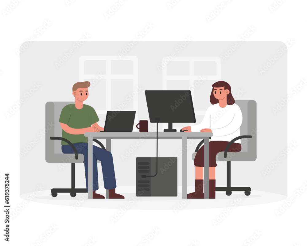 Professional team working on computers in office. Increasing productivity and efficiency in business using teamwork ideas. Colleagues discussion new project. Vector flat illustration in gray colors Professional team working on computers in office. Increasing productivity and efficiency in business using teamwork ideas. Colleagues discussion new project. Vector flat illustration in gray colors