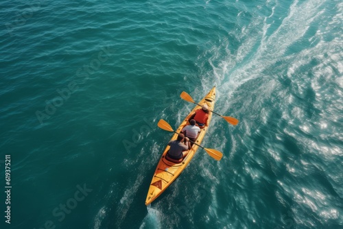 woman and man ride a canoe on the sea. travel concept. generative ai.