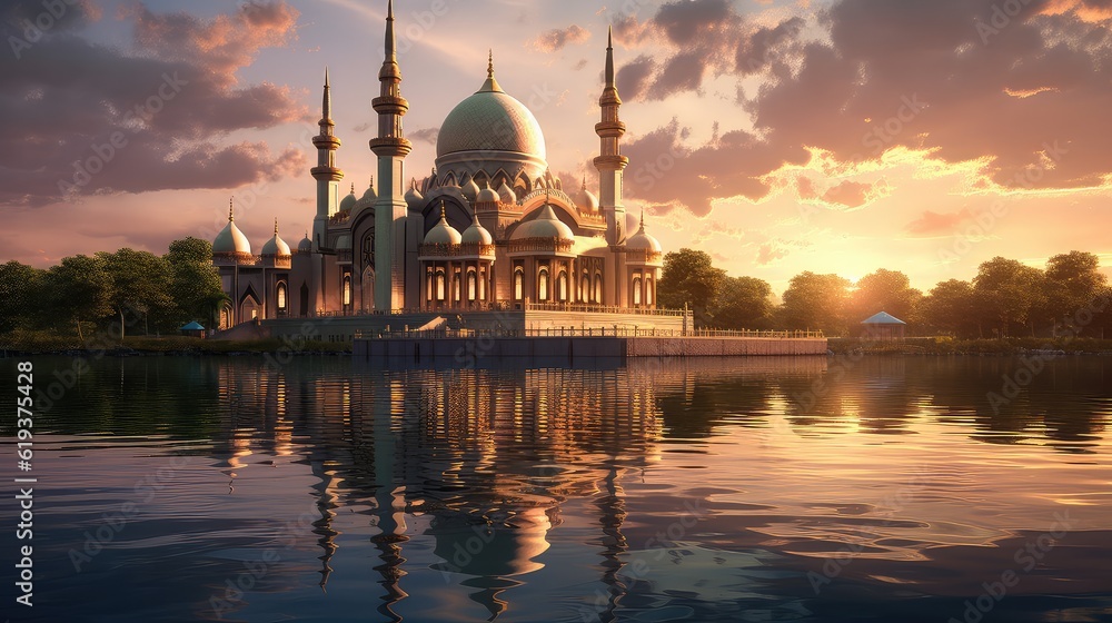 Mosque at the sunset 3d illustration - Generative AI.
