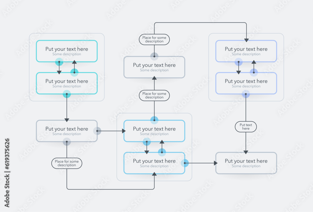 Modern process flow diagram template with three main sections. Flat ...