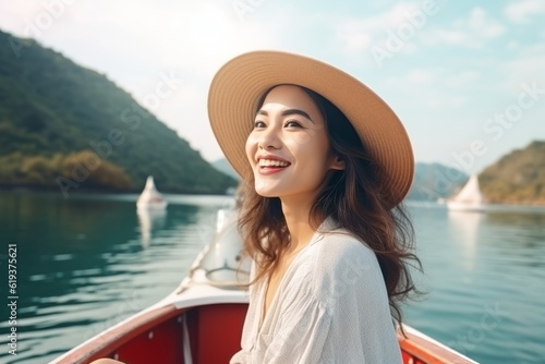 a girl in a hat on a canoe floats on the river. the concept of travel. generative ai. © robertuzhbt89