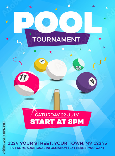 Pool billiards tournament invitation poster template. Modern design for your local club game competition.