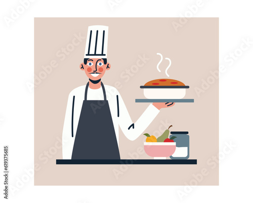Professional chef in apron and cap holding cake. Cooking with kitchenware in restaurant. Commercial food industry. Professional cooking kitchen. Vector purple and blue colors