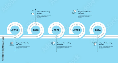 Timeline infographic template with five stages - blue version. Can be used for your website or presentation.