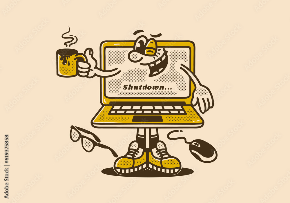 Mascot character design of a laptop holding a coffee mug