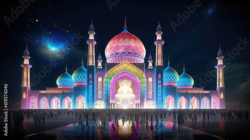 Mosque at night 3d illustration - Generative AI.