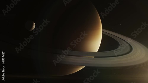 Realistic 3D graphics of sunlit Saturn and its moon Mimas, Dione or Titan in dark outer space. Mysterious Saturn rings. Stars and galaxies on background. Solar system planet. Universe exploration. photo
