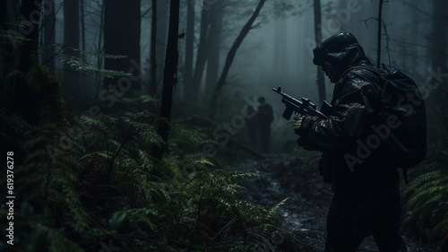 Generative AI a military scout sneaks through the forest in a military uniform