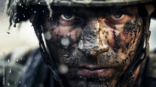 Close-up portrait of a soldier with a dirty face during a battle