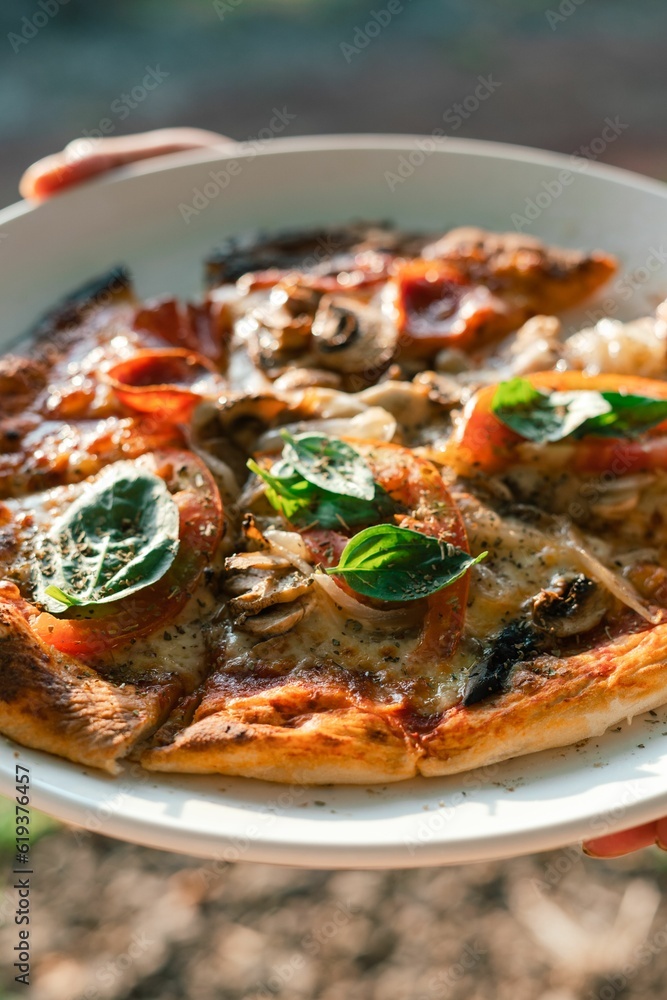 Vertical closeup of a person holding a plate with fresh pizza Vertical closeup of a person holding a plate with fresh pizza