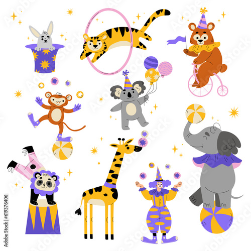 Circus Animals and Clown Performing Tricks and Juggling Vector Set