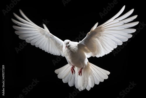 White dove swooping down, photo realistic, black background © twilight mist