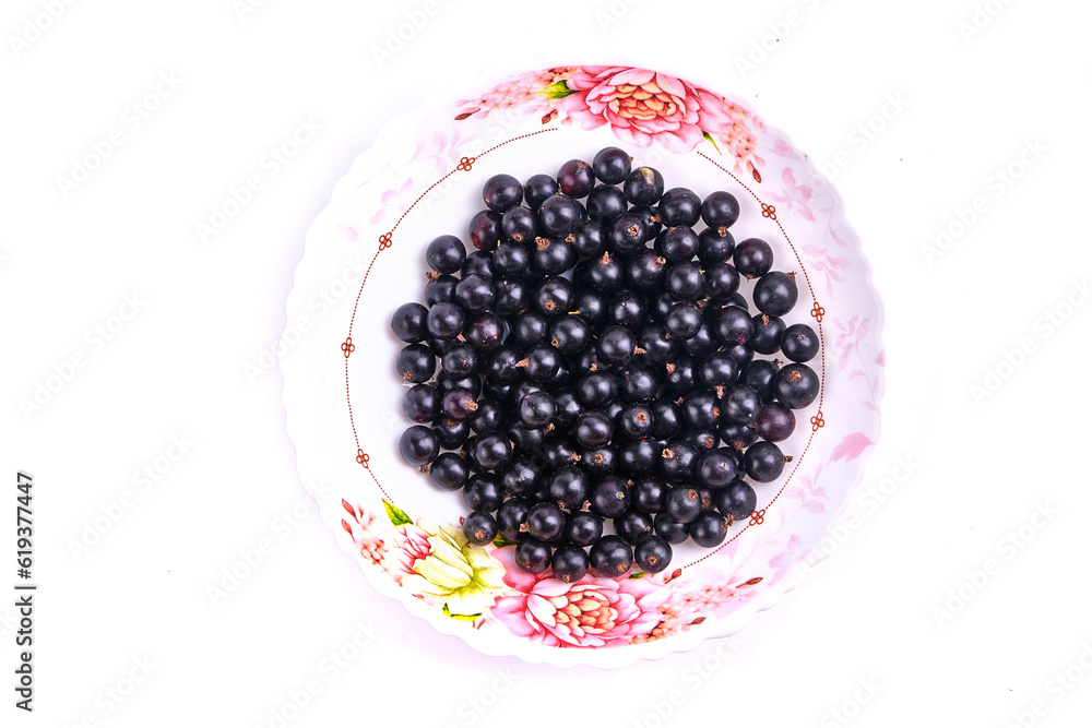 black currant berries in a plate isolated on white top view black currant berries in a plate isolated on white top view