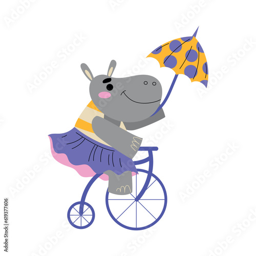 Circus Grey Hippo Animal with Umbrella Ride Bicycle Vector Illustration