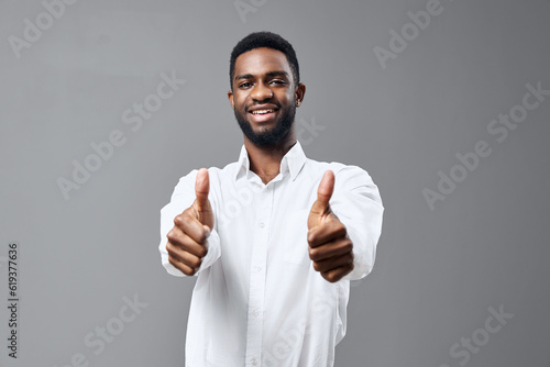 man american happy young standing shirt copy white smile advertisement african space studio