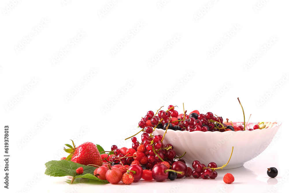 various berries in a plate isolated on white, front view, leaves various berries in a plate isolated on white, front view, leaves