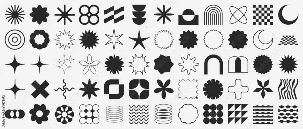 Brutalist Shapes, Cool Geometric Forms. Bauhaus Minimalist Graphic Design Elements. Trendy Y2K Vector Signs. Simple Star and Flower Basic Shapes. - obrazy, fototapety, plakaty 