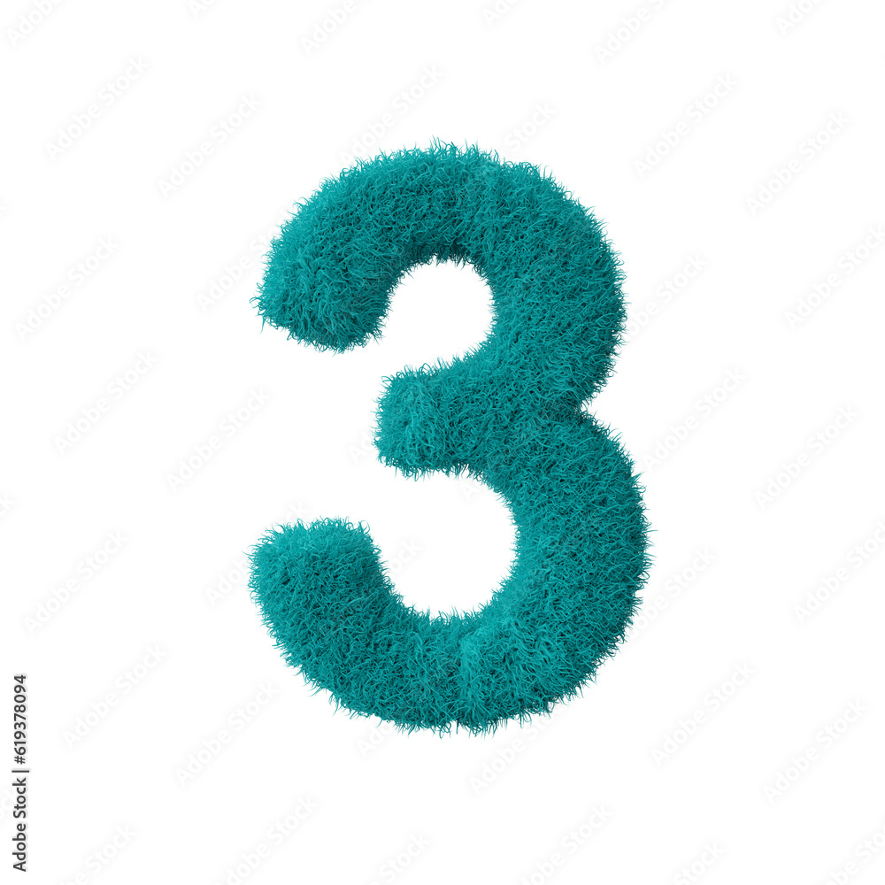 Blue 3D Fluffy Number Three. 3d render illustration isolated on transparent background Blue 3D Fluffy Number Three. 3d render illustration isolated on transparent background