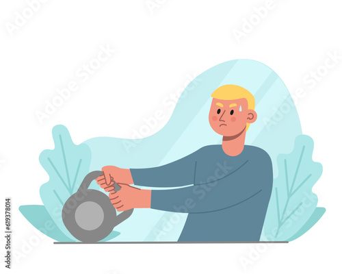 Boy holding kettle bell and training. Cartoon character doing sports exercises. Regular physical activity. Active and healthy lifestyle concept. Flat vector illustration in blue colors