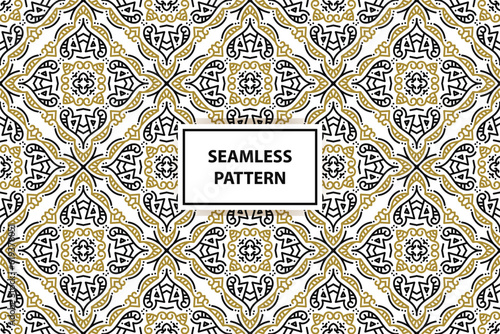 oriental seamless pattern. White, black and gold background with Arabic ornament. Pattern, background and wallpaper for your design. Textile ornament. Vector illustration.